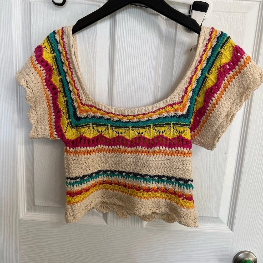 Zara Multicolor Crochet Knit Crop Top Boho Festival Small Colorful Hippie